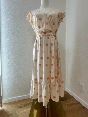 LC Lauren Conrad Cream Peach Polka Dot Wrap Midi Dress, Size S,  Ruffle Belted